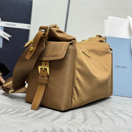 PRADA 25S EXPLORE LARGE RE-NYLON SHOULDER BAG 32 IN BRANDY WITH FLAP
