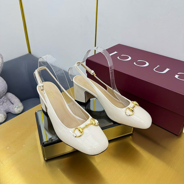 GG HIGH HEELS 65 IN CREAM WHITE GLOSSY LEATHER WITH GOLD HARDWARE