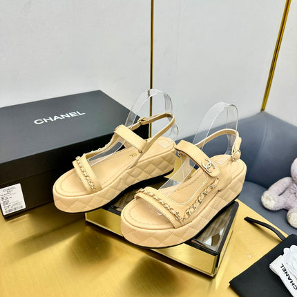 CC WEDGE SANDALS 25S IN BEIGE CALFSKIN WITH GOLD HARDWARE