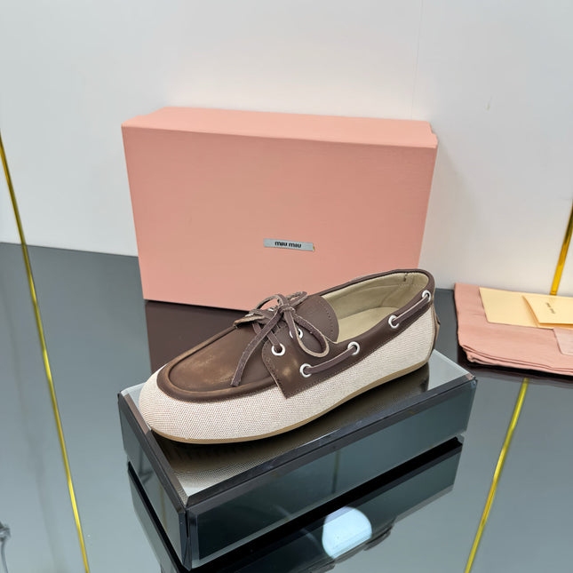 BOAT SHOES IN BROWN CALFSKIN AND BEIGE CANVAS