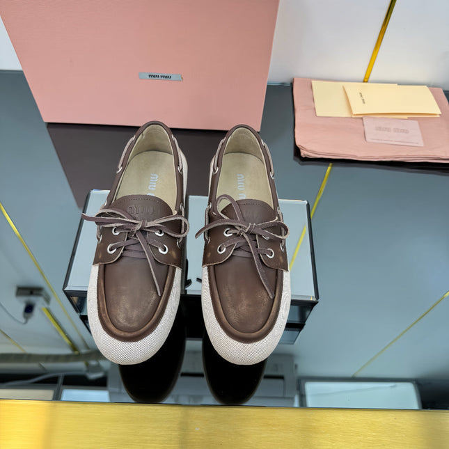 BOAT SHOES IN BROWN CALFSKIN AND BEIGE CANVAS