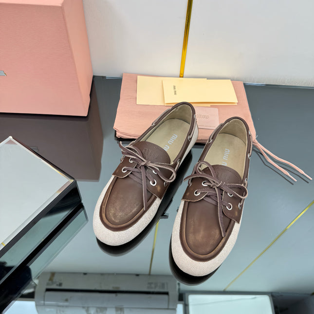 BOAT SHOES IN BROWN CALFSKIN AND BEIGE CANVAS