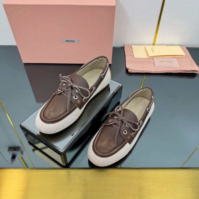 BOAT SHOES IN BROWN CALFSKIN AND BEIGE CANVAS