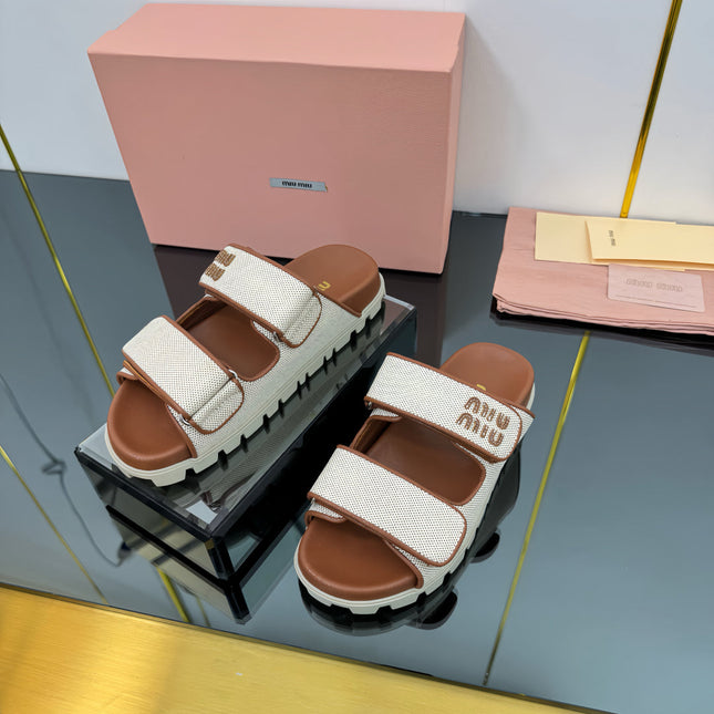 PLATFORM SANDALS IN BROWN EVA SOLE WHITE WITH BROWN POLKA DOTS