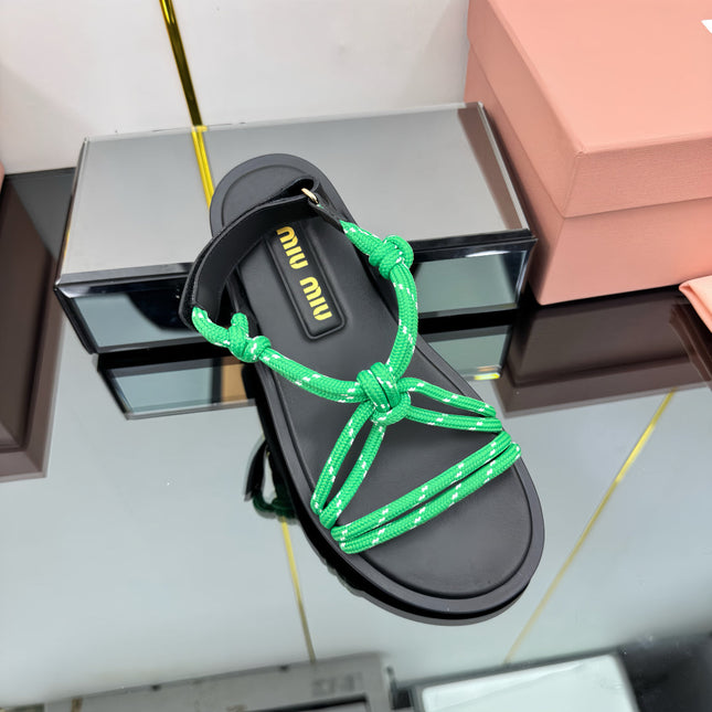 RIVIERE SANDALS IN BLACK CALFSKIN GREEN CORD