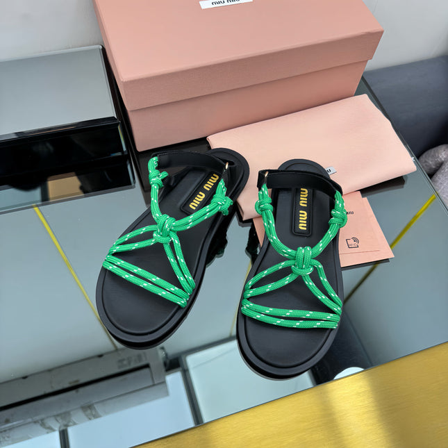 RIVIERE SANDALS IN BLACK CALFSKIN GREEN CORD