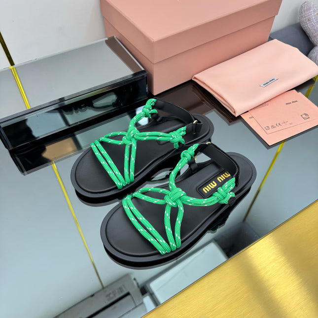 RIVIERE SANDALS IN BLACK CALFSKIN GREEN CORD