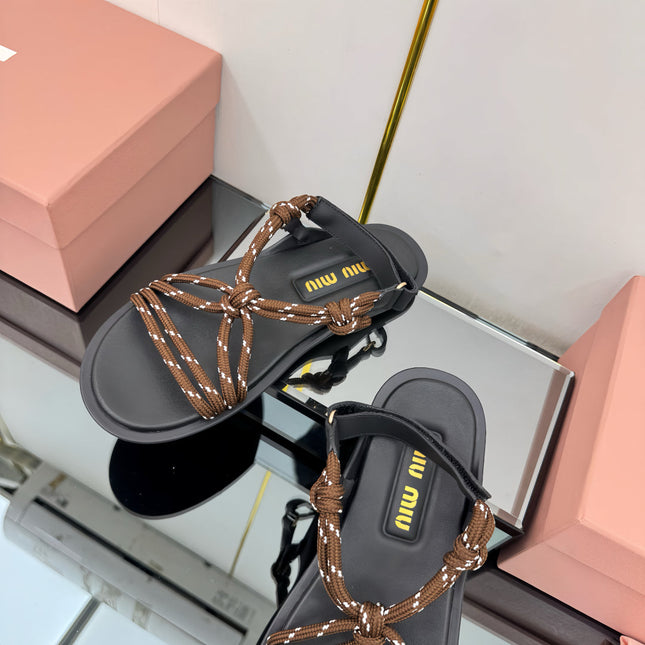 RIVIERE SANDALS IN BLACK CALFSKIN BROWN CORD