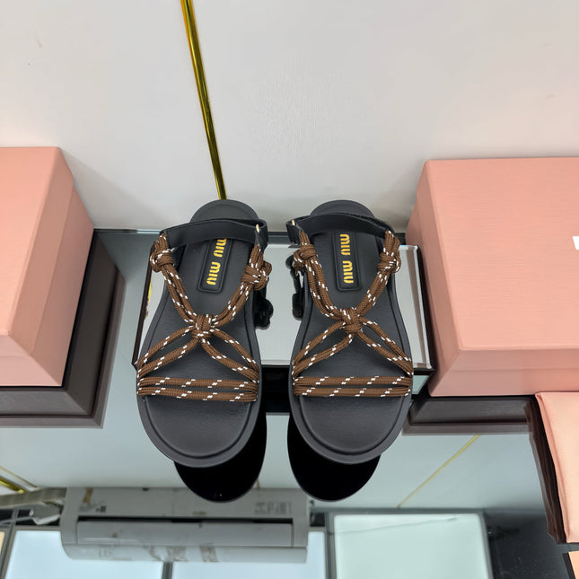 RIVIERE SANDALS IN BLACK CALFSKIN BROWN CORD