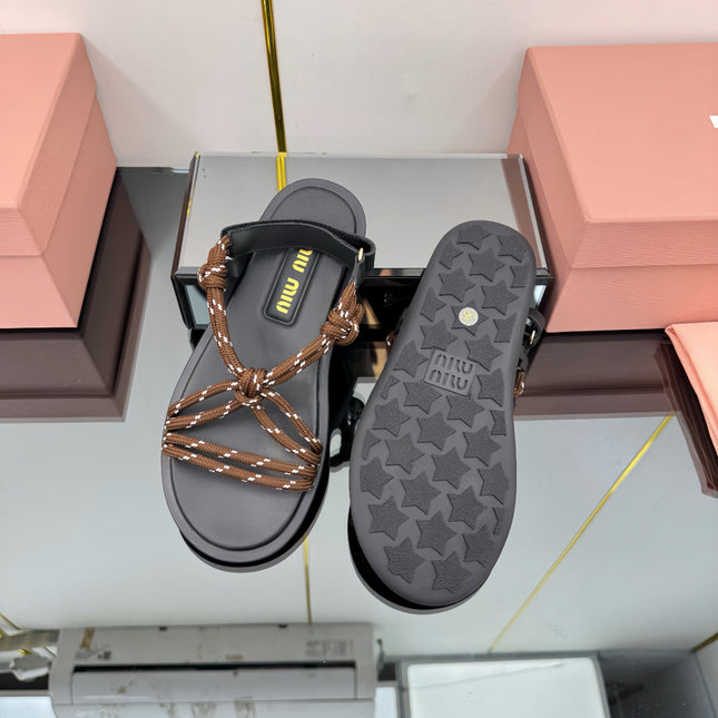 RIVIERE SANDALS IN BLACK CALFSKIN BROWN CORD