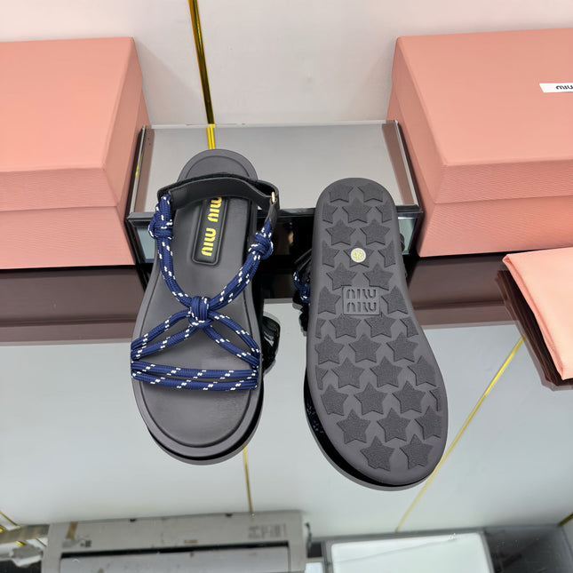 RIVIERE SANDALS IN BLACK CALFSKIN DARK BLUE CORD