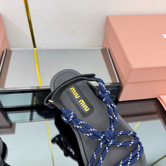 RIVIERE SANDALS IN BLACK CALFSKIN DARK BLUE CORD