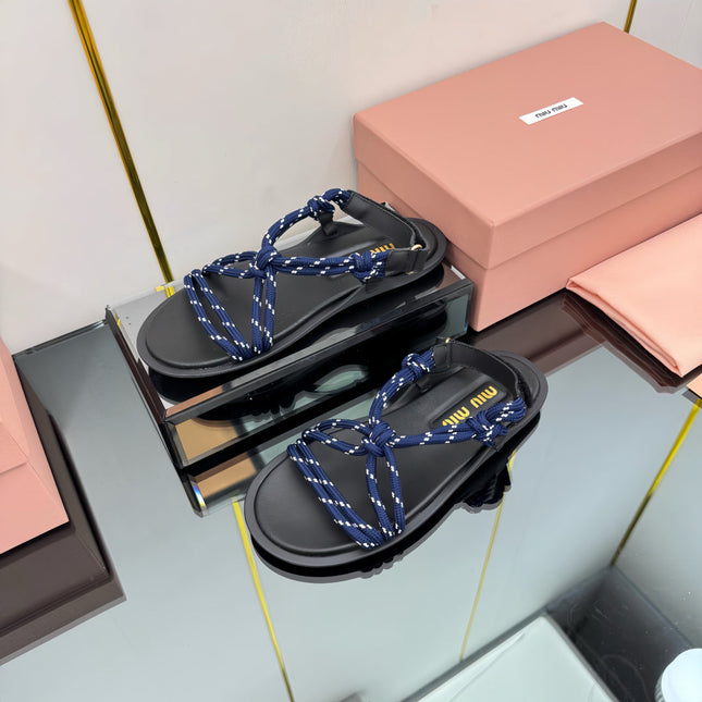 RIVIERE SANDALS IN BLACK CALFSKIN DARK BLUE CORD