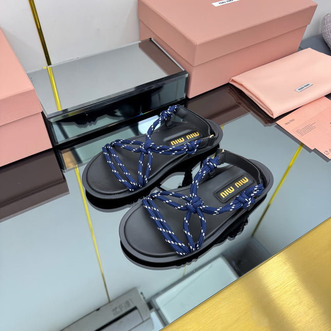 RIVIERE SANDALS IN BLACK CALFSKIN DARK BLUE CORD