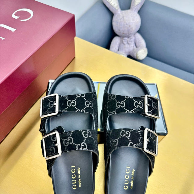 GG SANDALS IN BLACK LAMBSKIN MIX SUEDE EMBOSSED LOGO