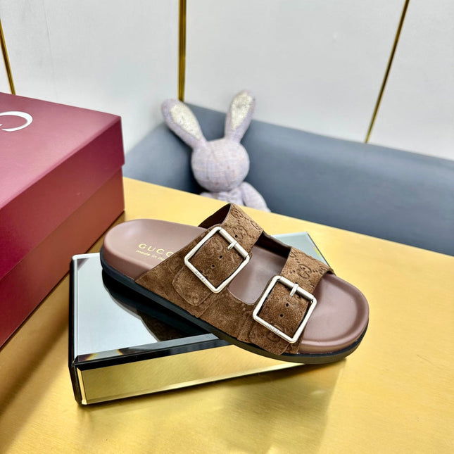GG SANDALS IN BROWN LAMBSKIN MIX SUEDE EMBOSSED LOGO