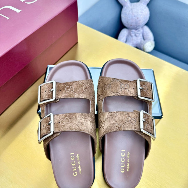 GG SANDALS IN BROWN LAMBSKIN MIX SUEDE EMBOSSED LOGO