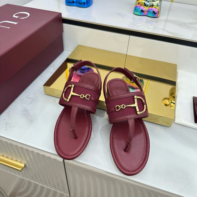 GG FLAT THONG SANDALS WITH ANKLE STRAP IN RED LAMBSKIN AND FABRIC