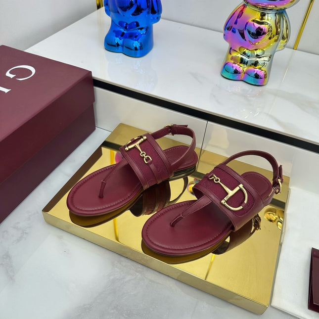 GG FLAT THONG SANDALS WITH ANKLE STRAP IN RED LAMBSKIN AND FABRIC