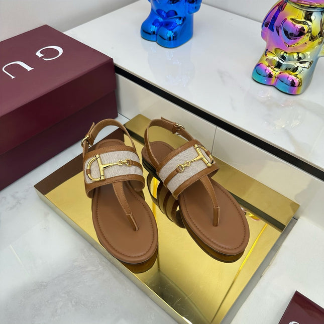 GG FLAT THONG SANDALS WITH ANKLE STRAP IN BROWN LAMBSKIN AND WHITE FABRIC