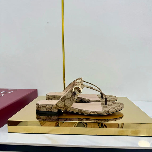 GG THONG SANDALS 25S IN DARK BEIGE LAMBSKIN MIX CANVAS WITH GOLD HARDWARE