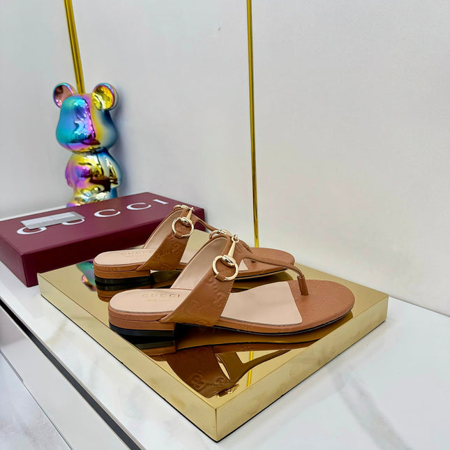 THONG SANDALS IN BROWN LAMBSKIN PRINTED LOGO WITH GOLD HARDWARE