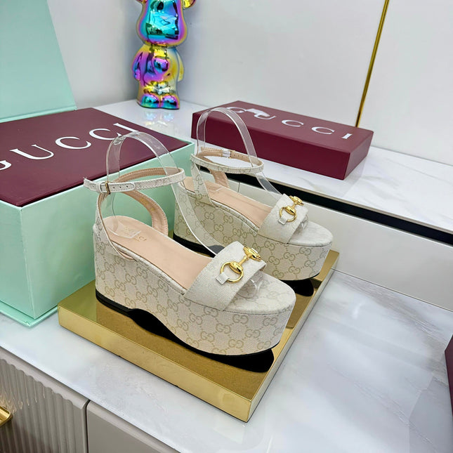 GG WEDGE HEELS IN STONE BEIGE FABRIC AND CALFSKIN WITH GOLD HARDWARE STYLE 5