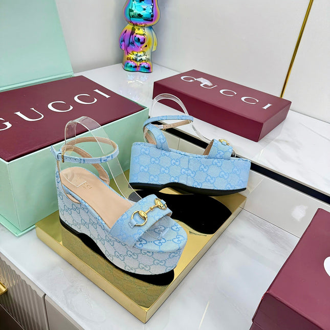 GG WEDGE HEELS IN BLUE FABRIC AND CALFSKIN WITH GOLD HARDWARE STYLE 4