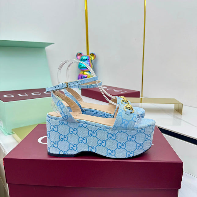 GG WEDGE HEELS IN BLUE FABRIC AND CALFSKIN WITH GOLD HARDWARE STYLE 4