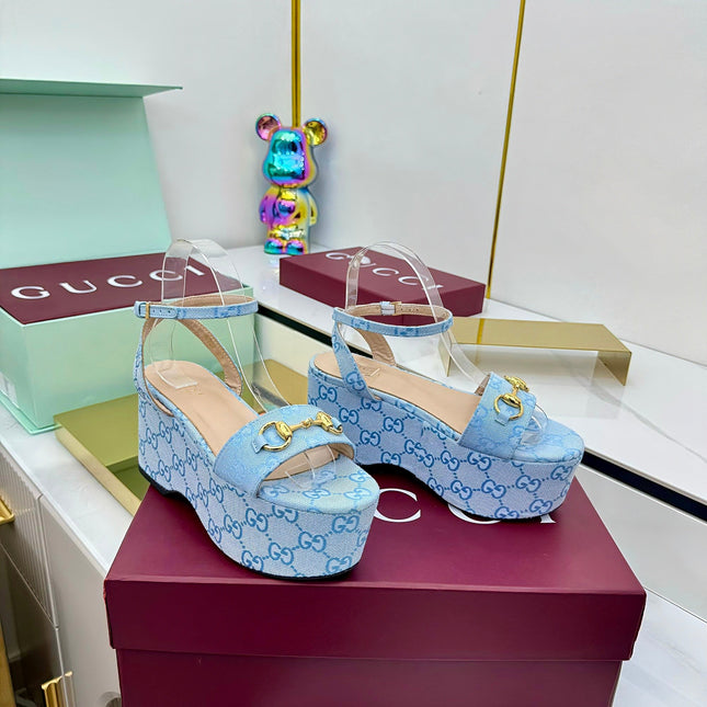 GG WEDGE HEELS IN BLUE FABRIC AND CALFSKIN WITH GOLD HARDWARE STYLE 4