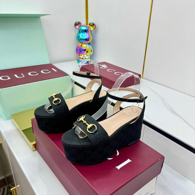 GG WEDGE HEELS IN BLACK FABRIC AND CALFSKIN WITH GOLD HARDWARE STYLE 1