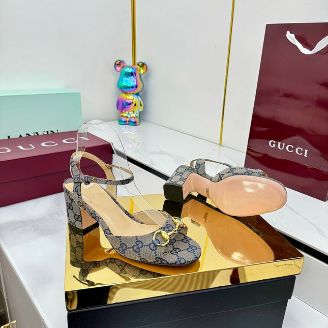 GG HEELED SANDALS 25S 65 MM IN GREY CANVAS WITH GOLD HARDWARE