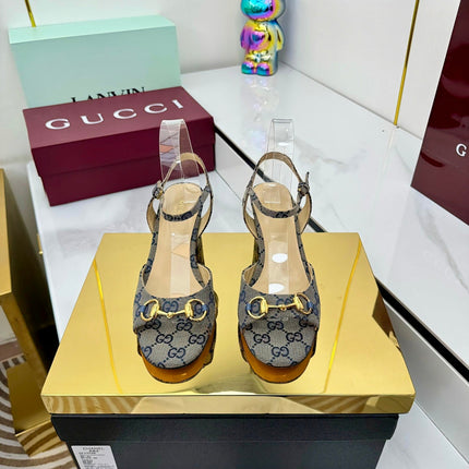 GG HEELED SANDALS 25S 65 MM IN GREY CANVAS WITH GOLD HARDWARE