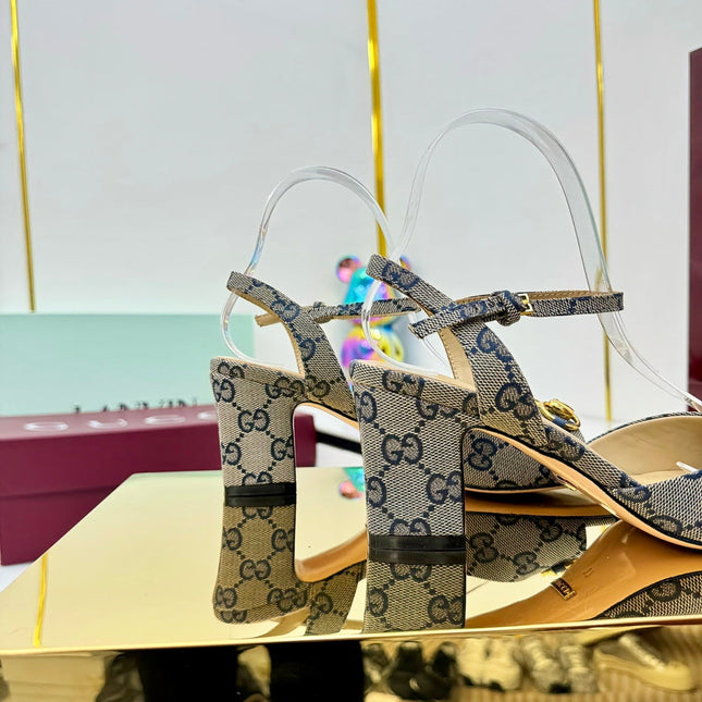 GG HEELED SANDALS 25S 65 MM IN GREY CANVAS WITH GOLD HARDWARE