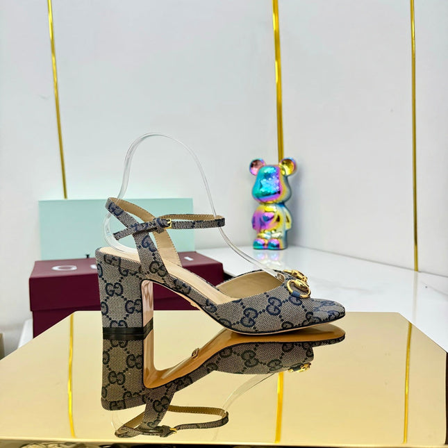 GG HEELED SANDALS 25S 65 MM IN GREY CANVAS WITH GOLD HARDWARE