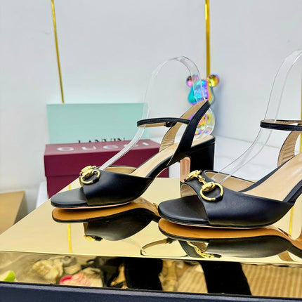 GG HEELED SANDALS 25S 65 MM IN BLACK LAMBSKIN WITH GOLD HARDWARE