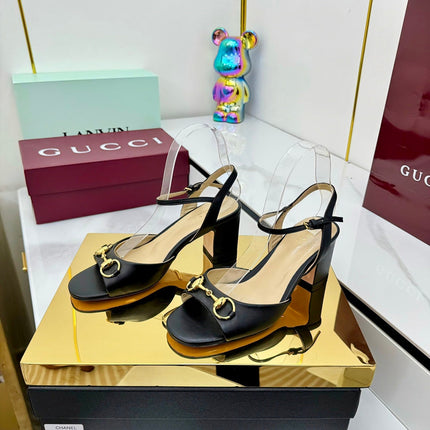 GG HEELED SANDALS 25S 65 MM IN BLACK LAMBSKIN WITH GOLD HARDWARE