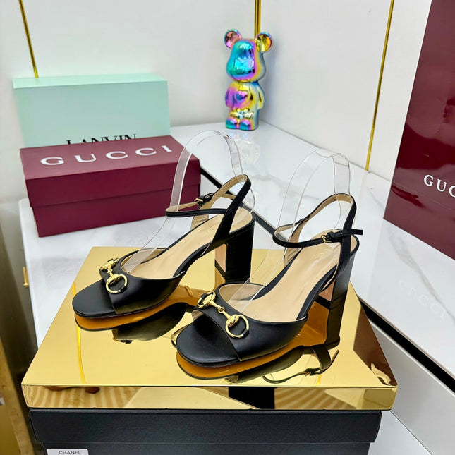 GG HEELED SANDALS 25S 65 MM IN BLACK LAMBSKIN WITH GOLD HARDWARE