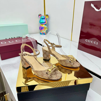 GG HEELED SANDALS 25S 65 MM IN DARK BEIGE CANVAS WITH GOLD HARDWARE