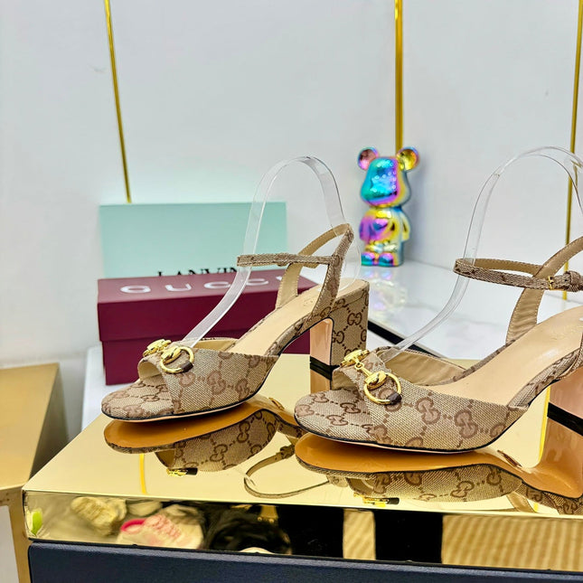 GG HEELED SANDALS 25S 65 MM IN DARK BEIGE CANVAS WITH GOLD HARDWARE
