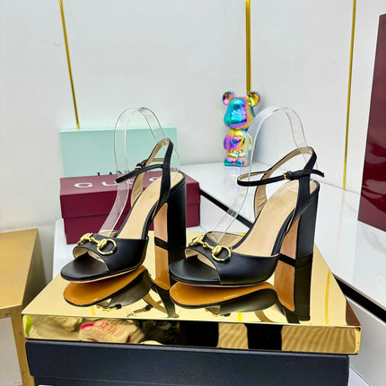 GG HEELED SANDALS 25S 95 MM IN BLACK LAMBSKIN WITH GOLD HARDWARE