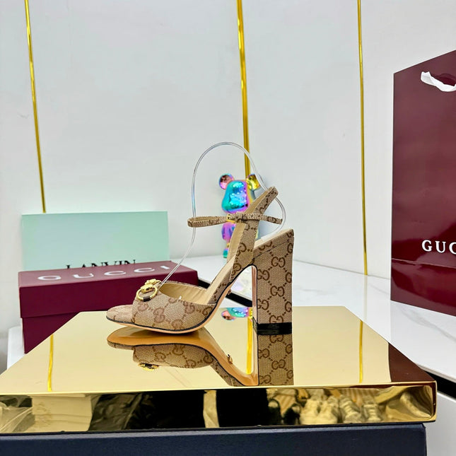 GG HEELED SANDALS 25S 95 MM IN DARK BEIGE CANVAS WITH GOLD HARDWARE