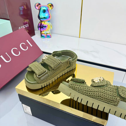 GG SANDALS 25S IN MOSS GREEN CROCHET COTTON FABRIC