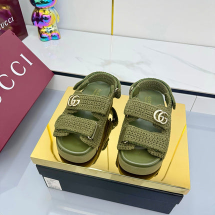 GG SANDALS 25S IN MOSS GREEN CROCHET COTTON FABRIC