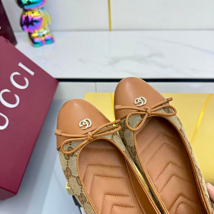 GG BALLET FLATS 25S IN BROWN LAMBSKIN MIX BEIGE CANVAS WITH BOW