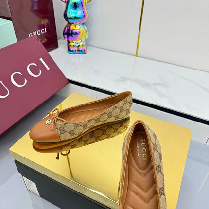 GG BALLET FLATS 25S IN BROWN LAMBSKIN MIX BEIGE CANVAS WITH BOW