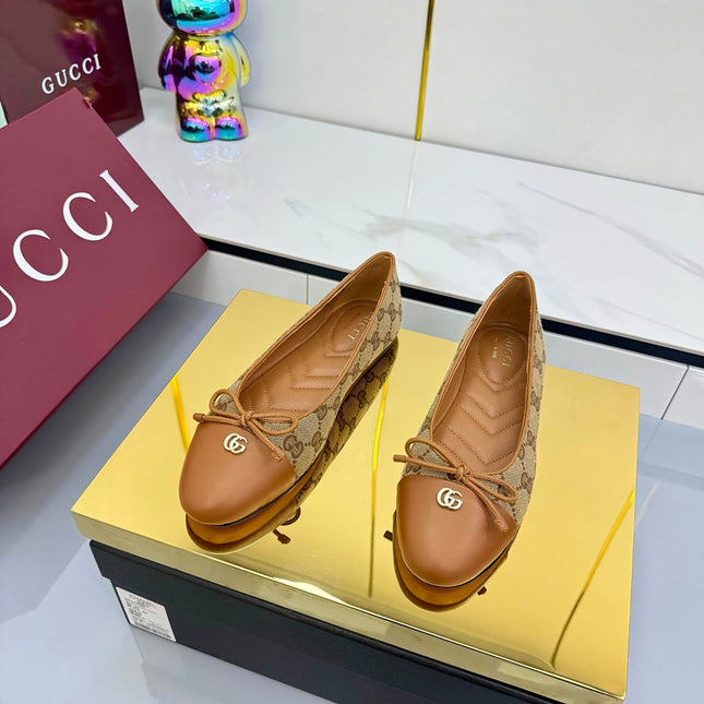 GG BALLET FLATS 25S IN BROWN LAMBSKIN MIX BEIGE CANVAS WITH BOW