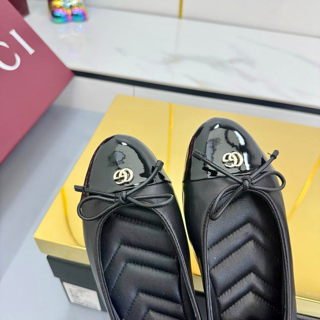 GG BALLET FLATS 25S IN BLACK LAMBSKIN MIX GLOSSY LEATHER WITH BOW