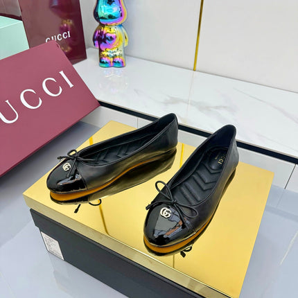 GG BALLET FLATS 25S IN BLACK LAMBSKIN MIX GLOSSY LEATHER WITH BOW