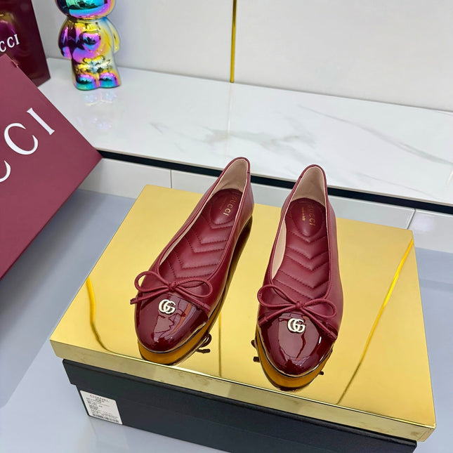 GG BALLET FLATS 25S IN RED LAMBSKIN MIX GLOSSY LEATHER WITH BOW